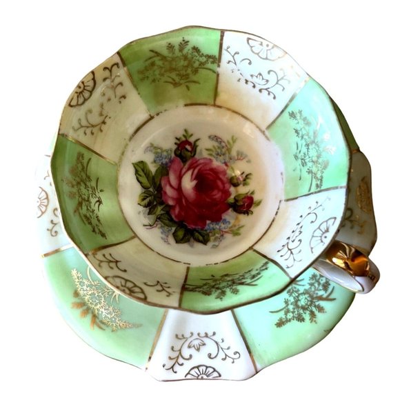 Teacup and Saucer Vintage Old Gold Japan Mint Green and Rose Floral Hand Painted - Picture 13 of 13